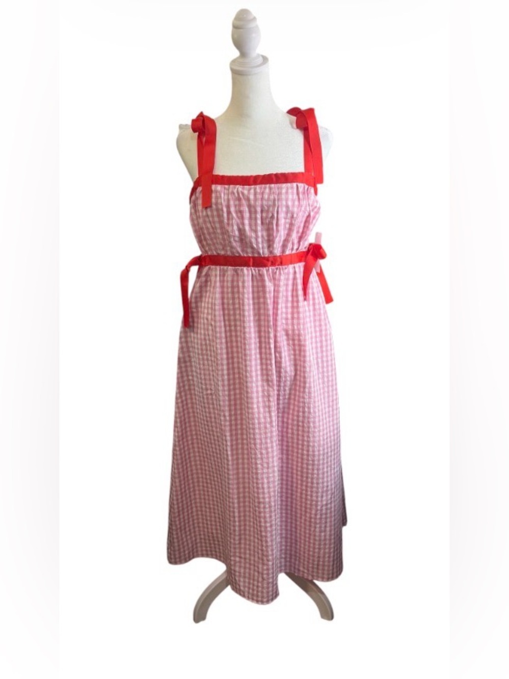 NWT TCEC Pink Gingham and Red Ribbon Detail Dress.  Anthropologie Brand. Size S.
